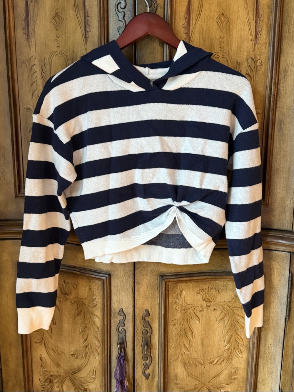 Anthropologie Navy & White Striped Hooded Twist-Front Sweater